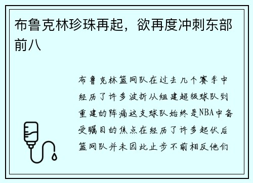 布鲁克林珍珠再起，欲再度冲刺东部前八