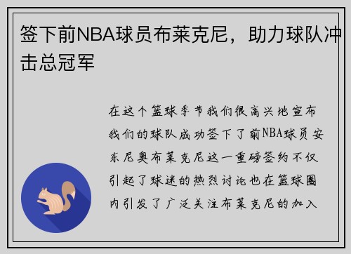 签下前NBA球员布莱克尼，助力球队冲击总冠军