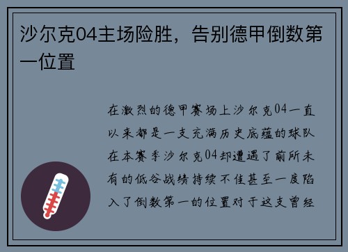 沙尔克04主场险胜，告别德甲倒数第一位置